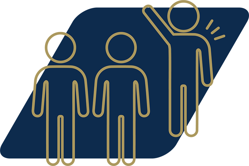 Icon of three people. One is raising their hand.
